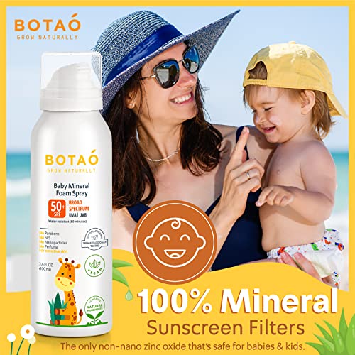 BOTAO BABY’S MINERAL SUNSCREEN FOAM SPRAY: SPF50 Broad Spectrum UVA UVB, Babies or Toddlers Sunburn Protection, Zinc Oxide, 3.4 Oz (1-Pack)