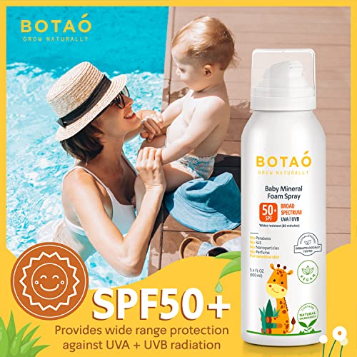 BOTAO BABY’S MINERAL SUNSCREEN FOAM SPRAY: SPF50 Broad Spectrum UVA UVB, Babies or Toddlers Sunburn Protection, Zinc Oxide, 3.4 Oz (1-Pack)