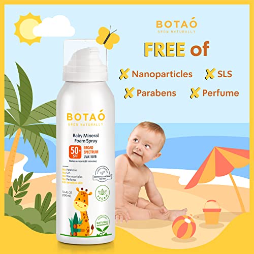 BOTAO BABY’S MINERAL SUNSCREEN FOAM SPRAY: SPF50 Broad Spectrum UVA UVB, Babies or Toddlers Sunburn Protection, Zinc Oxide, 3.4 Oz (1-Pack)