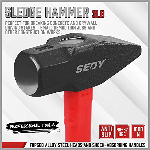 SEDY 5-Piece Hammer Set - 24oz Ball Pein Hammer | 22oz Claw Hammer | 32oz Rubber Mallet | 3lb Sledge Hammer | 3lb Cross Pein Hammer