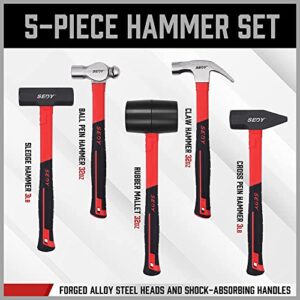 SEDY 5-Piece Hammer Set - 24oz Ball Pein Hammer | 22oz Claw Hammer | 32oz Rubber Mallet | 3lb Sledge Hammer | 3lb Cross Pein Hammer