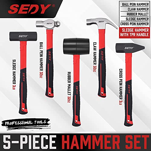 SEDY 5-Piece Hammer Set - 24oz Ball Pein Hammer | 22oz Claw Hammer | 32oz Rubber Mallet | 3lb Sledge Hammer | 3lb Cross Pein Hammer