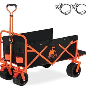 GICOOL Collapsible Heavy Duty Wagon Cart with Big Wheels & Brake, Large Capacity Folding Utility Wagon Cart, for Pet Sand Outdoor Camping Garden Works Shopping, with Two Elastic Ropes