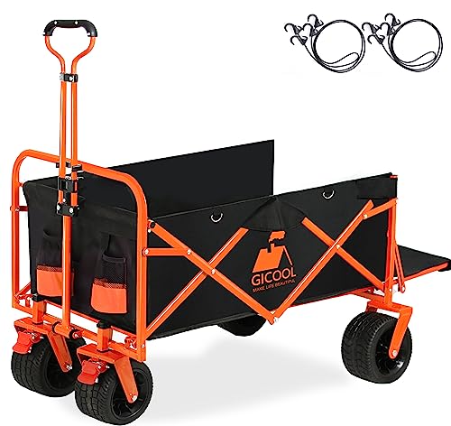 GICOOL Collapsible Heavy Duty Wagon Cart with Big Wheels & Brake, Large Capacity Folding Utility Wagon Cart, for Pet Sand Outdoor Camping Garden Works Shopping, with Two Elastic Ropes