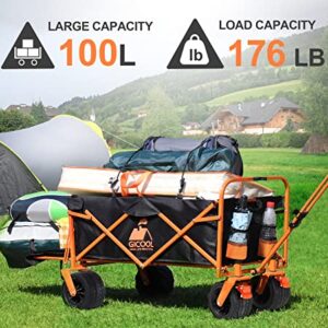 GICOOL Collapsible Heavy Duty Wagon Cart with Big Wheels & Brake, Large Capacity Folding Utility Wagon Cart, for Pet Sand Outdoor Camping Garden Works Shopping, with Two Elastic Ropes