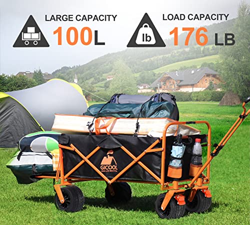 GICOOL Collapsible Heavy Duty Wagon Cart with Big Wheels & Brake, Large Capacity Folding Utility Wagon Cart, for Pet Sand Outdoor Camping Garden Works Shopping, with Two Elastic Ropes
