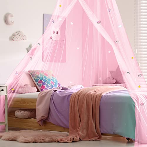 Stars Bed Canopy Glow in The Dark Bed Canopy for Girls Unicorn Room Decor for Girls Bedroom Pink Bed Canopy Crib Mosquito Net Fluorescent Mosquito Net Hanging for Girls, Kids and Babies