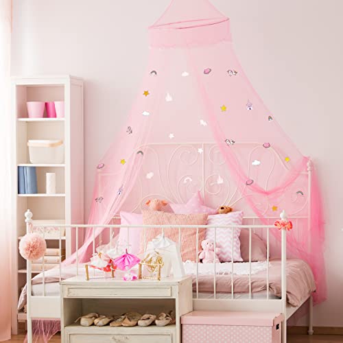 Stars Bed Canopy Glow in The Dark Bed Canopy for Girls Unicorn Room Decor for Girls Bedroom Pink Bed Canopy Crib Mosquito Net Fluorescent Mosquito Net Hanging for Girls, Kids and Babies