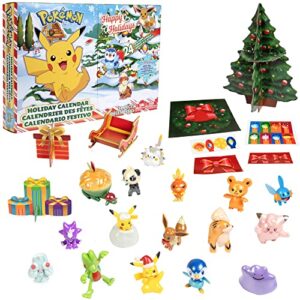 pokemon holiday advent calendar for kids, 24 piece gift playset - set includes pikachu, eevee, jigglypuff and more - 16 toy character figures & 8 christmas accessories - ages 4+