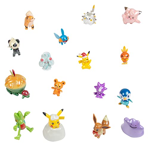 Pokemon Holiday Advent Calendar for Kids, 24 Piece Gift Playset - Set Includes Pikachu, Eevee, Jigglypuff and More - 16 Toy Character Figures & 8 Christmas Accessories - Ages 4+