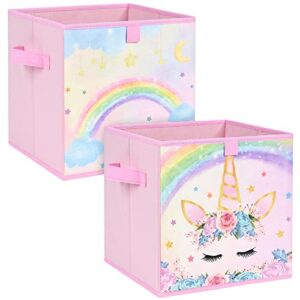 cube storage bins - 2 pack fabric foldable storage cubes organizer for kids decorative storage baskets with handles 11" x 11" home closet nursery room bedroom (unicorn)