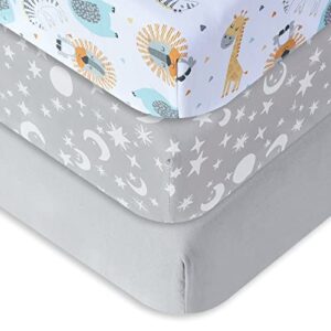bimocosy crib sheets,3 pack boy crib sheets size 28"x 52" for standard crib and toddler mattresses, super soft breathable microfiber fitted crib sheet, stars/woodland animals/gray