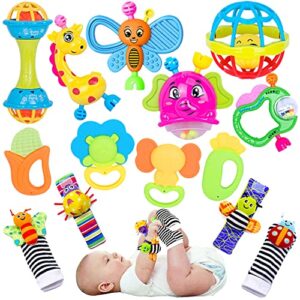baby rattles toys for 0-6 months - 14 pcs infant toys 0-3 month old baby boy girl gifts set with teething and wrist socks rattle infant newborn sensory toy