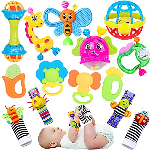 Baby Rattles Toys for 0-6 Months - 14 PCS Infant Toys 0-3 Month Old Baby Boy Girl Gifts Set with Teething and Wrist Socks Rattle Infant Newborn Sensory Toy