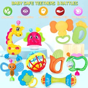 Baby Rattles Toys for 0-6 Months - 14 PCS Infant Toys 0-3 Month Old Baby Boy Girl Gifts Set with Teething and Wrist Socks Rattle Infant Newborn Sensory Toy
