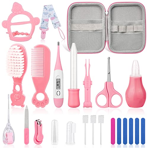 23Pcs Baby Healthcare and Grooming Kit modacraft Baby Safety Set with Baby Hair Brush Nail Clippers Lighting Ear Cleaner Baby Stuff Newborn Essentials for Nursery Newborn Baby Girls Boys Kids Pink