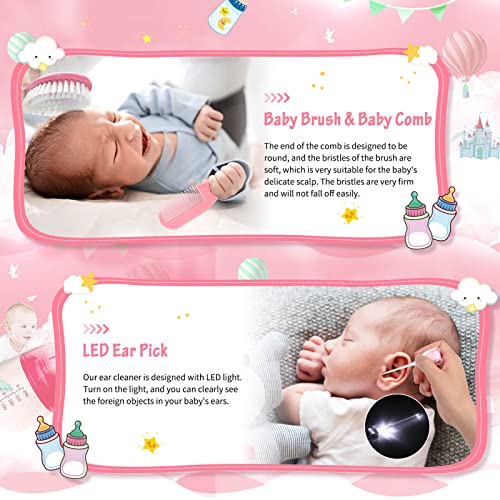 23Pcs Baby Healthcare and Grooming Kit modacraft Baby Safety Set with Baby Hair Brush Nail Clippers Lighting Ear Cleaner Baby Stuff Newborn Essentials for Nursery Newborn Baby Girls Boys Kids Pink