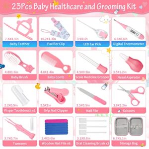 23Pcs Baby Healthcare and Grooming Kit modacraft Baby Safety Set with Baby Hair Brush Nail Clippers Lighting Ear Cleaner Baby Stuff Newborn Essentials for Nursery Newborn Baby Girls Boys Kids Pink