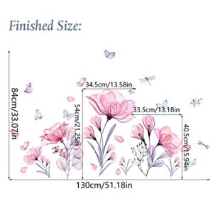 Prabahdak Pink Flowers Wall Decals Removable Butterflies Floral Flowerl Wall Stickers DIY Vinyl Self Adhesive Wall Mural for Nursery TV Background Kids Gilrs Rooms Bedroom Decoration