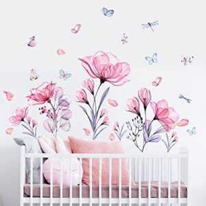 prabahdak pink flowers wall decals removable butterflies floral flowerl wall stickers diy vinyl self adhesive wall mural for nursery tv background kids gilrs rooms bedroom decoration