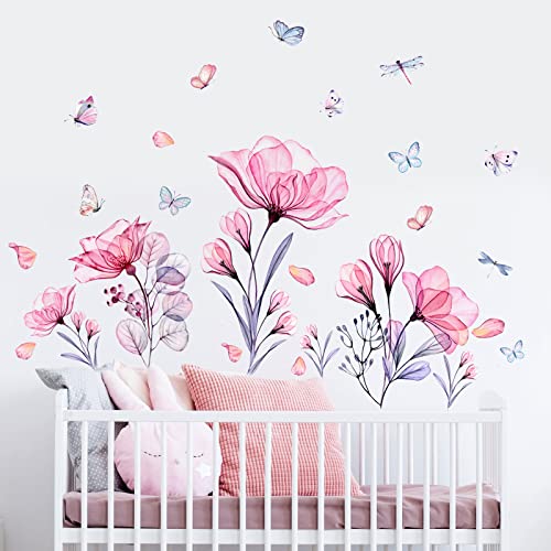 Prabahdak Pink Flowers Wall Decals Removable Butterflies Floral Flowerl Wall Stickers DIY Vinyl Self Adhesive Wall Mural for Nursery TV Background Kids Gilrs Rooms Bedroom Decoration