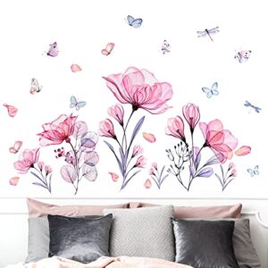 Prabahdak Pink Flowers Wall Decals Removable Butterflies Floral Flowerl Wall Stickers DIY Vinyl Self Adhesive Wall Mural for Nursery TV Background Kids Gilrs Rooms Bedroom Decoration