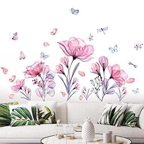 Prabahdak Pink Flowers Wall Decals Removable Butterflies Floral Flowerl Wall Stickers DIY Vinyl Self Adhesive Wall Mural for Nursery TV Background Kids Gilrs Rooms Bedroom Decoration