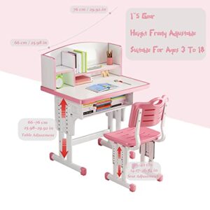 WGLAWL Kids' Table Chair Sets, Kids' Desks Chair, Height Adjustable Ergonomic Children Study Desk Table Computer Workstation with Large Storage Drawer Built-in Bookshelf, Kids Bedroom Furniture