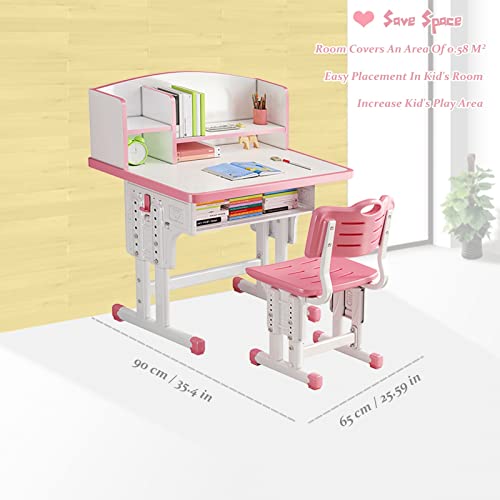 WGLAWL Kids' Table Chair Sets, Kids' Desks Chair, Height Adjustable Ergonomic Children Study Desk Table Computer Workstation with Large Storage Drawer Built-in Bookshelf, Kids Bedroom Furniture