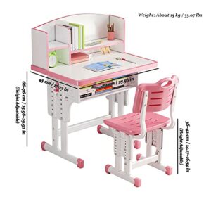 WGLAWL Kids' Table Chair Sets, Kids' Desks Chair, Height Adjustable Ergonomic Children Study Desk Table Computer Workstation with Large Storage Drawer Built-in Bookshelf, Kids Bedroom Furniture