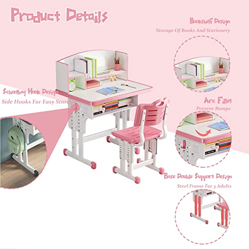 WGLAWL Kids' Table Chair Sets, Kids' Desks Chair, Height Adjustable Ergonomic Children Study Desk Table Computer Workstation with Large Storage Drawer Built-in Bookshelf, Kids Bedroom Furniture