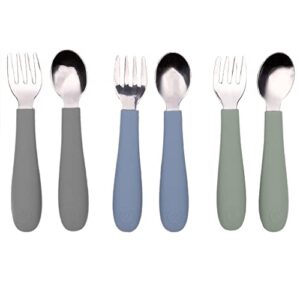 weesprout toddler utensils, 3 forks & 3 spoons, 18/8 stainless steel & food grade silicone, thick easy-grip handles, perfect length for new self feeders, gentle on gums & teeth, dishwasher safe