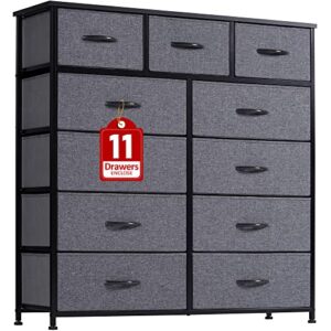lyncohome tall dresser for bedroom, chest of storage drawers for clothes, 11 drawers dresser for kids bedroom closet nursery tv stand, wood top, removable fabric drawers (grey)