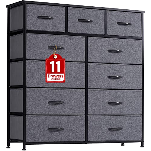 LYNCOHOME Tall Dresser for Bedroom, Chest of Storage Drawers for Clothes, 11 Drawers Dresser for Kids Bedroom Closet Nursery TV Stand, Wood Top, Removable Fabric Drawers (Grey)