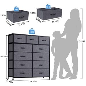 LYNCOHOME Tall Dresser for Bedroom, Chest of Storage Drawers for Clothes, 11 Drawers Dresser for Kids Bedroom Closet Nursery TV Stand, Wood Top, Removable Fabric Drawers (Grey)