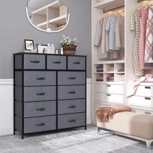 LYNCOHOME Tall Dresser for Bedroom, Chest of Storage Drawers for Clothes, 11 Drawers Dresser for Kids Bedroom Closet Nursery TV Stand, Wood Top, Removable Fabric Drawers (Grey)