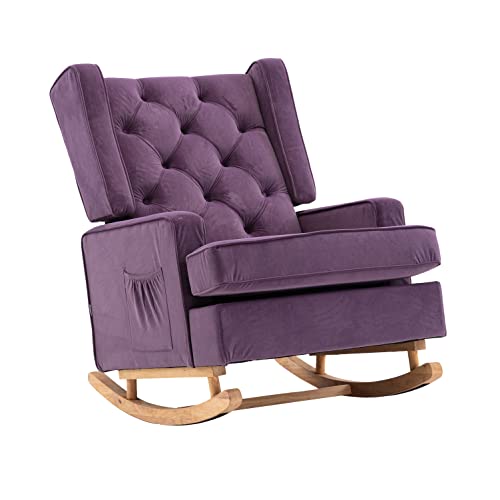 SSLine Upholstered Solid Wood Rocking Chair,Mid-Century Comfortable Relax Nursery Rocking Chairs Lounge Chair for Living Room, Bedroom, Study Room, Office Accent Glider Rocker(Purple)