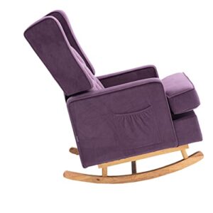 SSLine Upholstered Solid Wood Rocking Chair,Mid-Century Comfortable Relax Nursery Rocking Chairs Lounge Chair for Living Room, Bedroom, Study Room, Office Accent Glider Rocker(Purple)