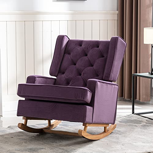 SSLine Upholstered Solid Wood Rocking Chair,Mid-Century Comfortable Relax Nursery Rocking Chairs Lounge Chair for Living Room, Bedroom, Study Room, Office Accent Glider Rocker(Purple)