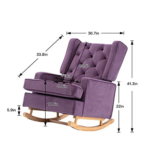 SSLine Upholstered Solid Wood Rocking Chair,Mid-Century Comfortable Relax Nursery Rocking Chairs Lounge Chair for Living Room, Bedroom, Study Room, Office Accent Glider Rocker(Purple)