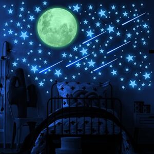 glow in the dark stars and moon for ceiling, luminous stars and moon wall decal, wall decor,sticky fluorescence stars,gift for boy and girl perfect for kids nursery bedroom living room(blue))