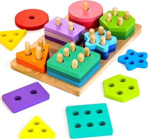 hellowood wooden sorting & stacking toys, montessori toys for 1 2 3 years old toddlers, shape sorter puzzles with 24-piece large geometric blocks & 12 word cards, gift for 12+ months baby boys girls