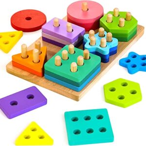 HELLOWOOD Wooden Sorting & Stacking Toys, Montessori Toys for 1 2 3 Years Old Toddlers, Shape Sorter Puzzles with 24-Piece Large Geometric Blocks & 12 Word Cards, Gift for 12+ Months Baby Boys Girls