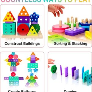 HELLOWOOD Wooden Sorting & Stacking Toys, Montessori Toys for 1 2 3 Years Old Toddlers, Shape Sorter Puzzles with 24-Piece Large Geometric Blocks & 12 Word Cards, Gift for 12+ Months Baby Boys Girls