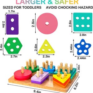 HELLOWOOD Wooden Sorting & Stacking Toys, Montessori Toys for 1 2 3 Years Old Toddlers, Shape Sorter Puzzles with 24-Piece Large Geometric Blocks & 12 Word Cards, Gift for 12+ Months Baby Boys Girls