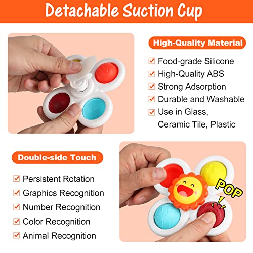 UKKITEK 3PCS Suction Cup Spinner Toy for Baby, Simple Dimple Fidget Toys with Stackable Suction Cup Toys, Sensory Toys for Toddlers 1-3 Years Old, Infant Baby 6 12 18 Months Birthday Gifts Bath Toy