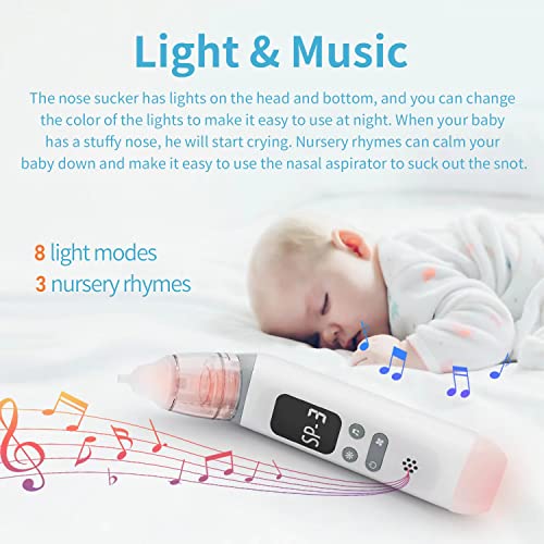 Nasal Aspirator for Baby, Electric Baby Nose Sucker with Adjustable 3 Levels Suction, Rechargeable Booger Sucker for Babies with 8 Light Modes and 3 Nursery Rhymes