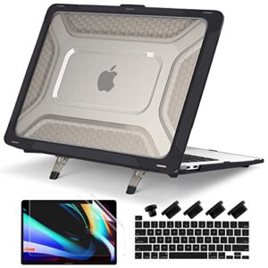 batianda protective case for macbook pro 13 inch m2 chip 2022 2021 2020 release a2338 m1 a2289 a2251 model,heavy duty honeycomb hard shell with tpu bumper and fold kickstand & keyboard cover, black