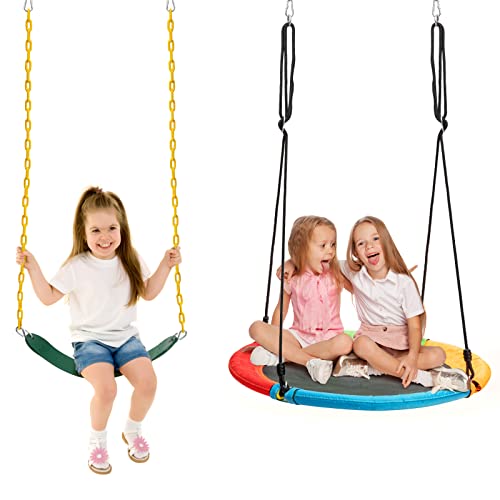 LDAILY 2-Pack Swing Sets, Belt Swing & Saucer Tree Swing w/Adjustable Ropes, 2 Hanging Ways & Easy Setup, Multifunctional Swing Toy Set for Patio, Playground, Backyard