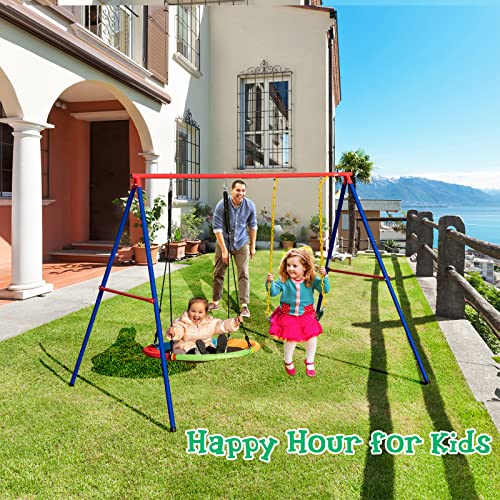 LDAILY 2-Pack Swing Sets, Belt Swing & Saucer Tree Swing w/Adjustable Ropes, 2 Hanging Ways & Easy Setup, Multifunctional Swing Toy Set for Patio, Playground, Backyard